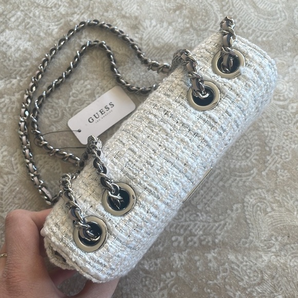 Brand New Guess White Tweed Chain Cessily Mini Crossbody Purse Shoulder Bag - Picture 7 of 15